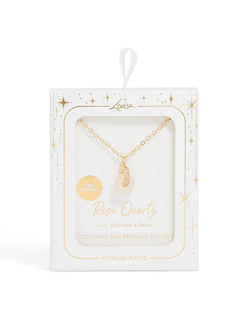 Collier de beigne semi-précieux en quartz rose plaqué or en zircone cubique