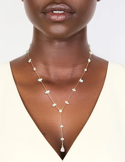 Gold Plated Blue Semi-Precious Stones Cubic Zirconia Pendant Y-Necklace