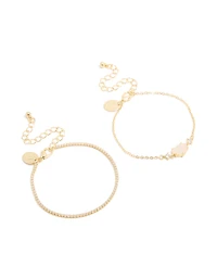 Gold Plated Cubic Zirconia & Rose Quartz Semi-Precious Stone Bracelets 2-Pack