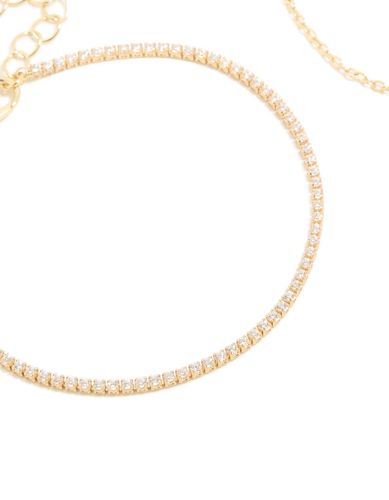 Gold Plated Cubic Zirconia & Rose Quartz Semi-Precious Stone Bracelets 2-Pack