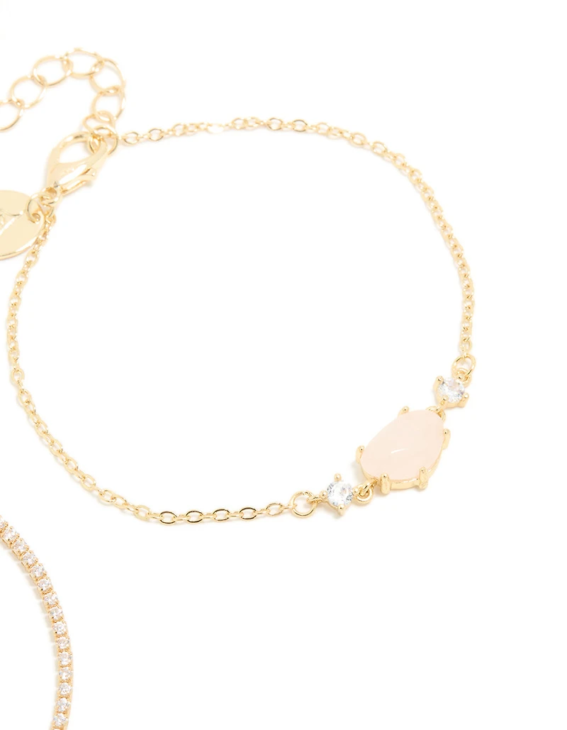 Gold Plated Cubic Zirconia & Rose Quartz Semi-Precious Stone Bracelets 2-Pack