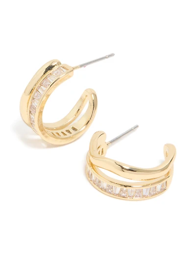 Gold Plated Cubic Zirconia Illusion Baguette Hoop Earrings