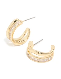 Gold Plated Cubic Zirconia Illusion Baguette Hoop Earrings