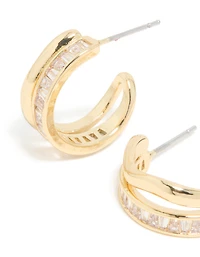 Gold Plated Cubic Zirconia Illusion Baguette Hoop Earrings