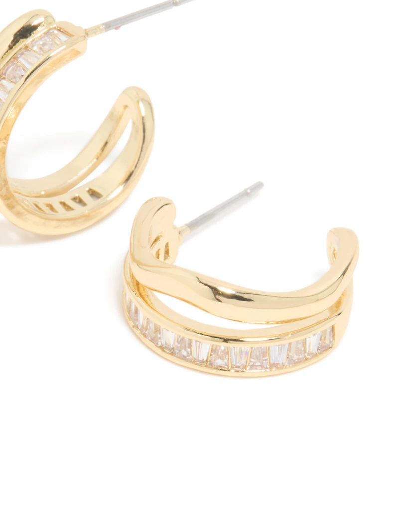 Gold Plated Cubic Zirconia Illusion Baguette Hoop Earrings