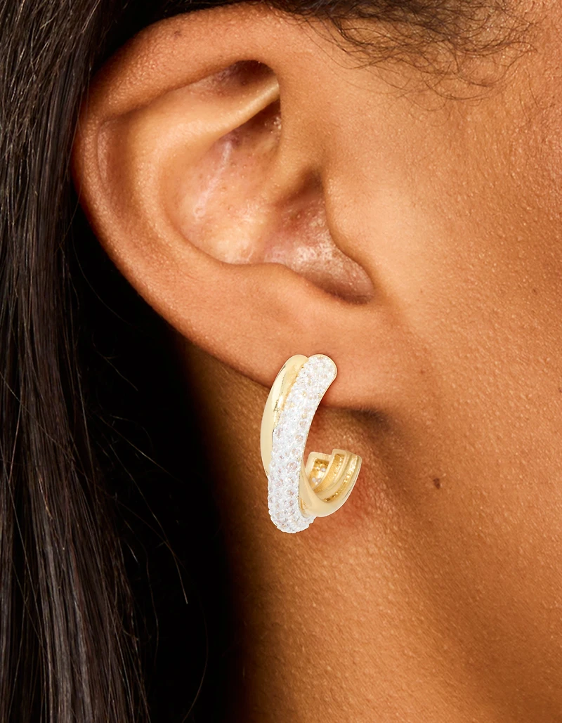 Mixed Metal Plated Cubic Zirconia Silver Crossover Open Hoop Earrings