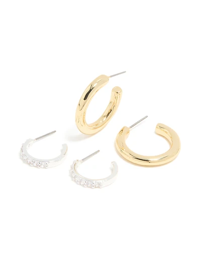Mixed Metal Plated Cubic Zirconia Classic Hoop Earrings 2-Pack