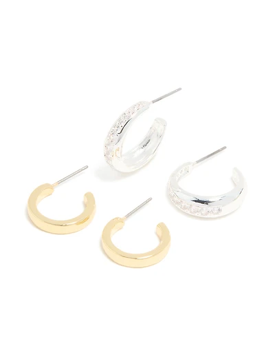 Mixed Metal Plated & Cubic Zirconia Line Open Hoop Earrings 2-Pack
