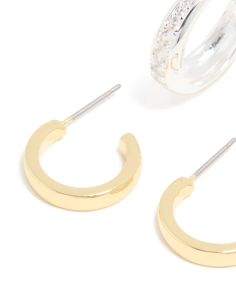 Mixed Metal Plated & Cubic Zirconia Line Open Hoop Earrings 2-Pack