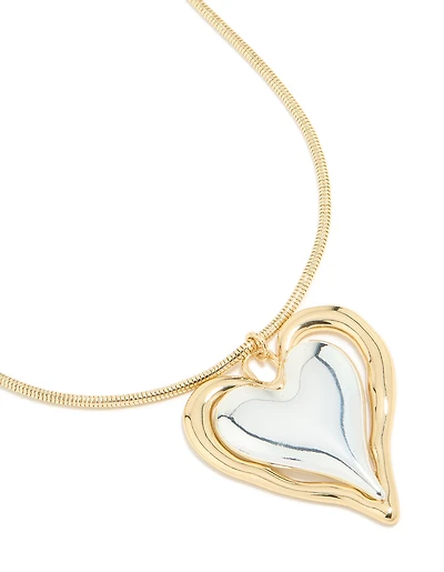 Mixed Metal Plated Large Molten Heart Pendant Necklace