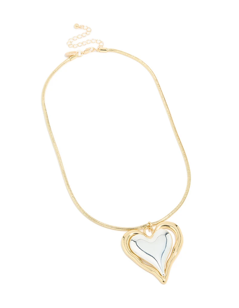 Mixed Metal Plated Large Molten Heart Pendant Necklace