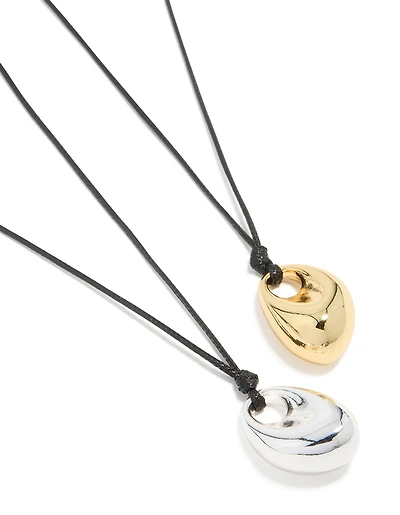 Mixed Metal Plated Organic Oval Black Cord Necklaces 2-Pack