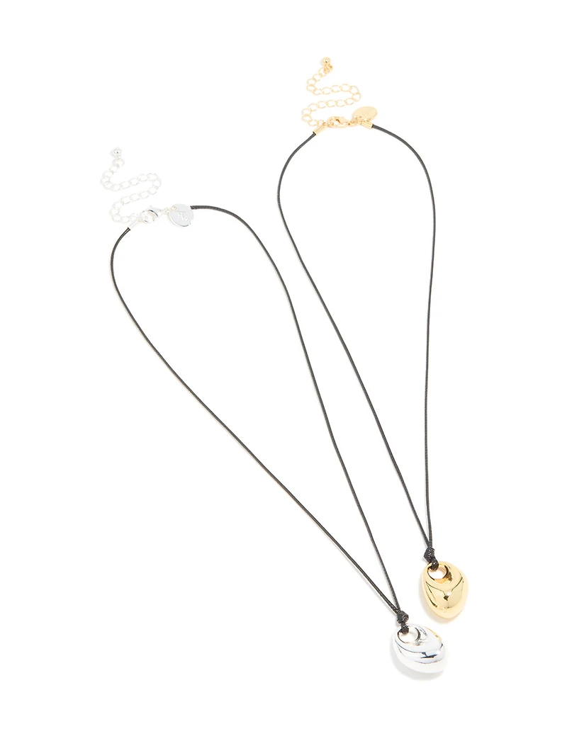 Mixed Metal Plated Organic Oval Black Cord Necklaces 2-Pack