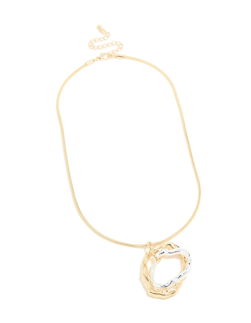 Mixed Metal Plated Textured Double Oval Pendant Necklace