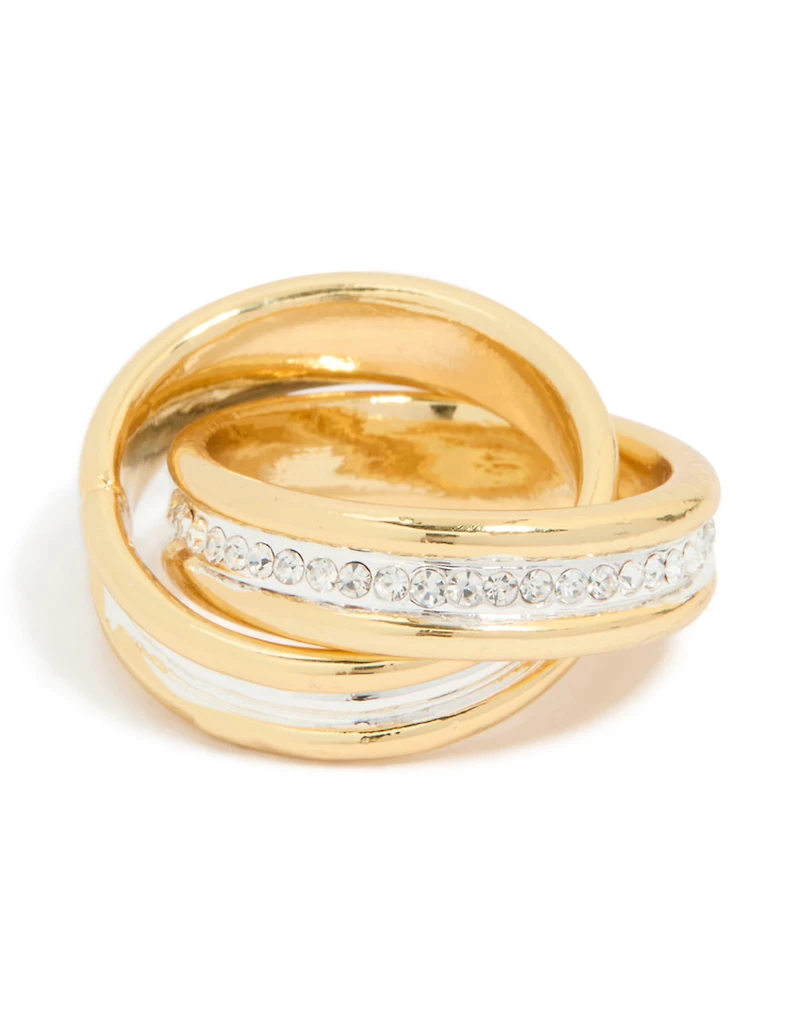 Mixed Metal Plated Diamante Layered Link Ring