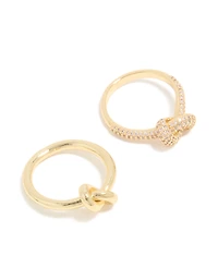 Gold Plated Cubic Zirconia & Smooth Knotted Rings 2-Pack