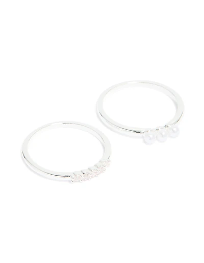 Silver Plated Cubic Zirconia & Fine Pearl Stacking Rings 2-Pack