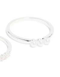Silver Plated Cubic Zirconia & Fine Pearl Stacking Rings 2-Pack