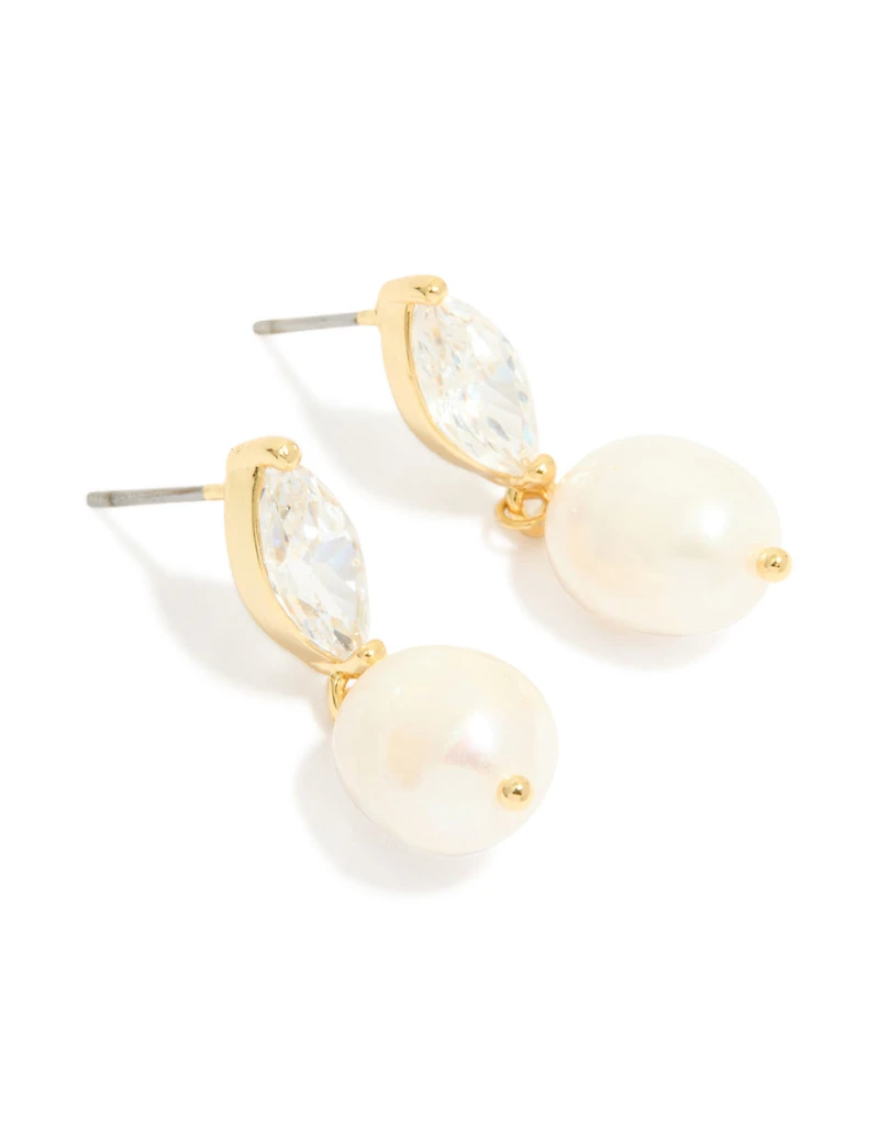 Gold Plated Cubic Zirconia & Freshwater Pearl Oval Drop Earrings