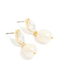 Gold Plated Cubic Zirconia & Freshwater Pearl Oval Drop Earrings