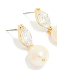 Gold Plated Cubic Zirconia & Freshwater Pearl Oval Drop Earrings