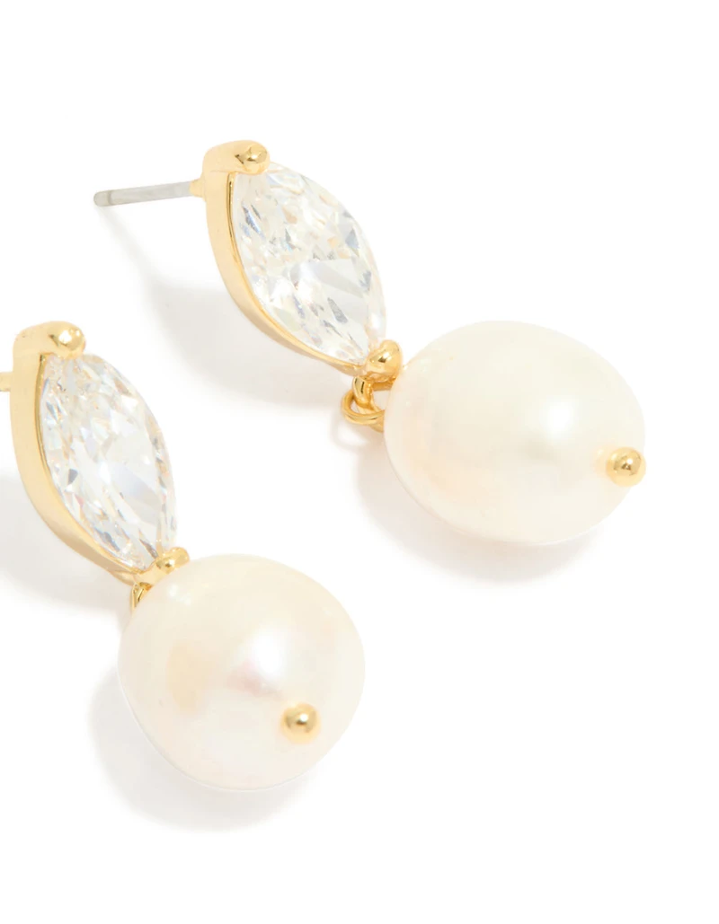 Gold Plated Cubic Zirconia & Freshwater Pearl Oval Drop Earrings
