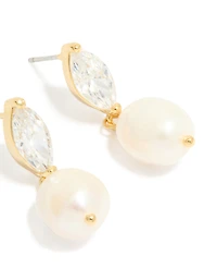 Gold Plated Cubic Zirconia & Freshwater Pearl Oval Drop Earrings