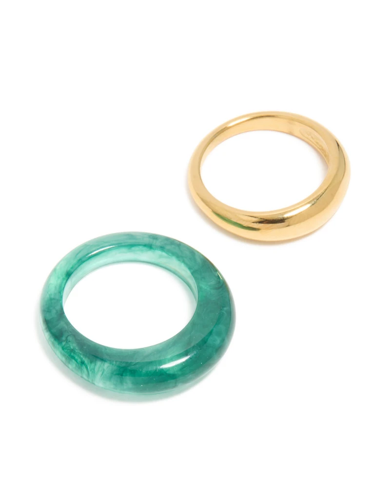 Waterproof Gold Plated Stainless Steel & Teal Modern Thin Stacking Rings 2-Pack