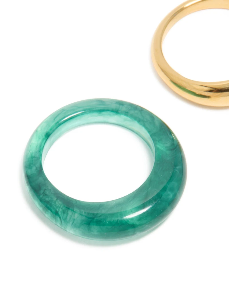 Waterproof Gold Plated Stainless Steel & Teal Modern Thin Stacking Rings 2-Pack