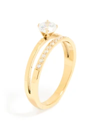 Waterproof Gold Plated Stainless Steel Dainty Cubic Zirconia Double Layered Ring
