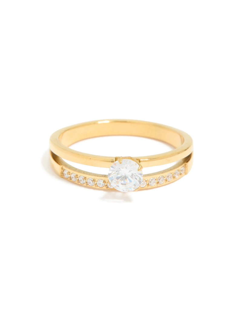 Waterproof Gold Plated Stainless Steel Dainty Cubic Zirconia Double Layered Ring