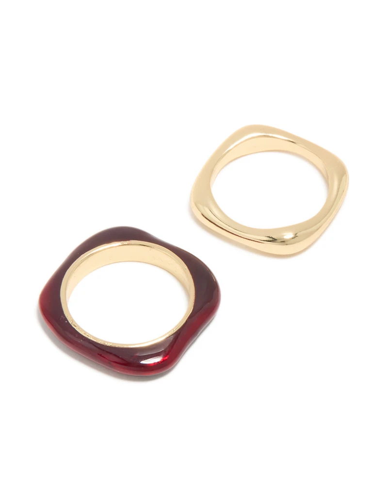 Gold Plated & Burgundy Square Band Rings 2-Pack
