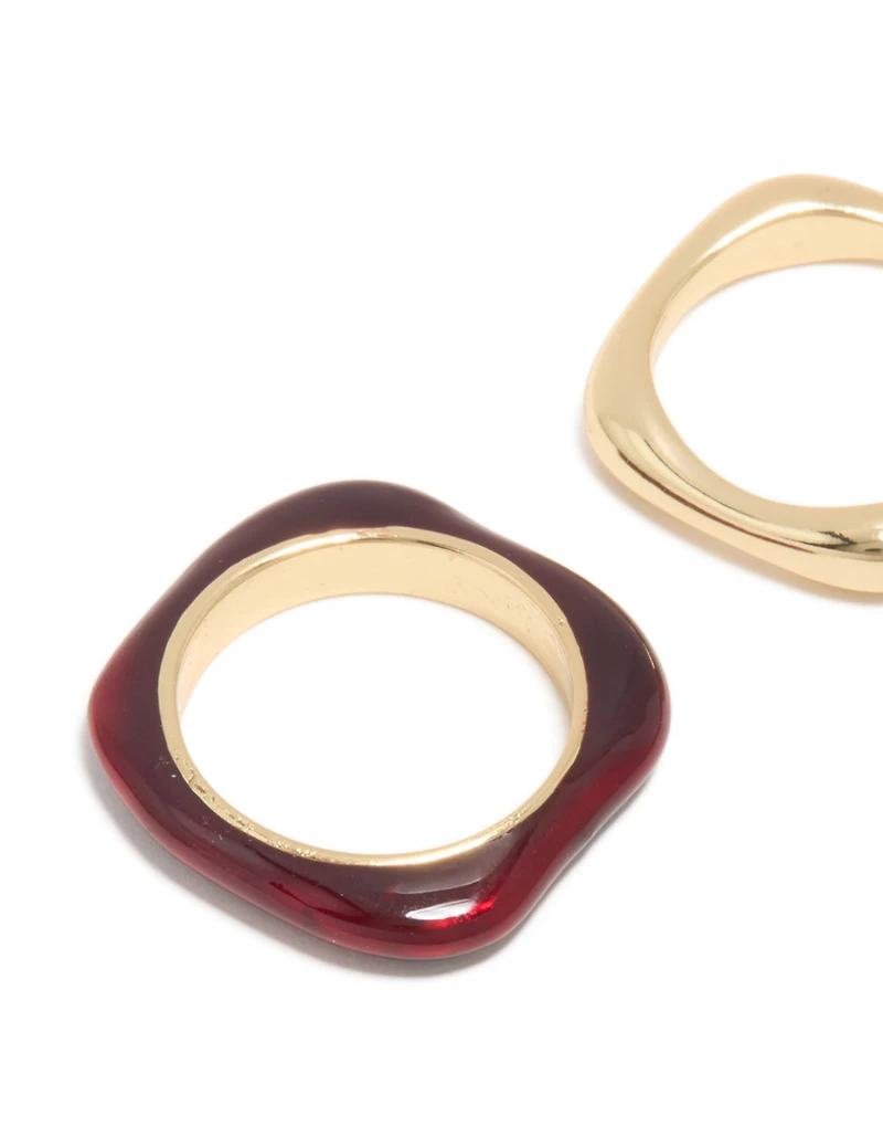 Gold Plated & Burgundy Square Band Rings 2-Pack
