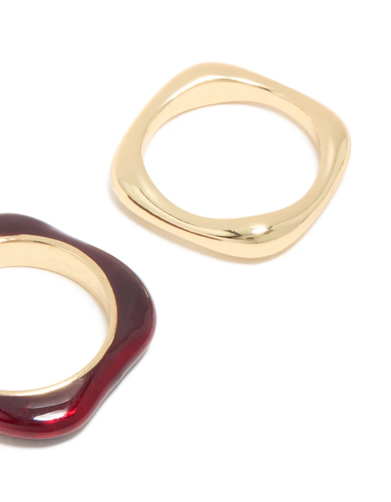 Gold Plated & Burgundy Square Band Rings 2-Pack