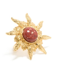 Gold Plated Red Stone Textured Sun Boho Ring