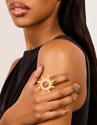 Gold Plated Red Stone Textured Sun Boho Ring