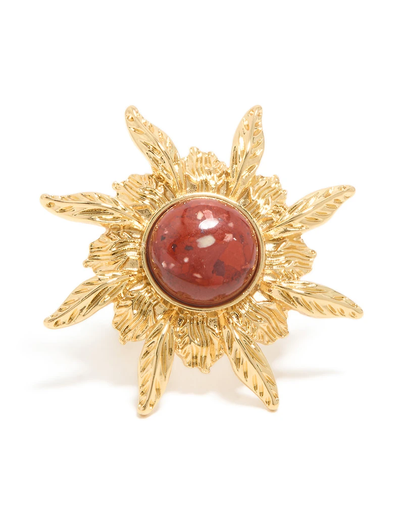 Gold Plated Red Stone Textured Sun Boho Ring