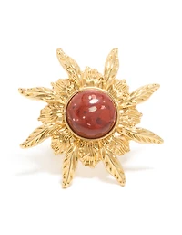 Gold Plated Red Stone Textured Sun Boho Ring