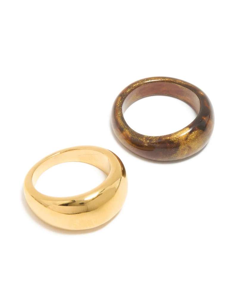 Waterproof Gold Plated Stainless Steel & Brown Modern Stacking Rings 2-Pack