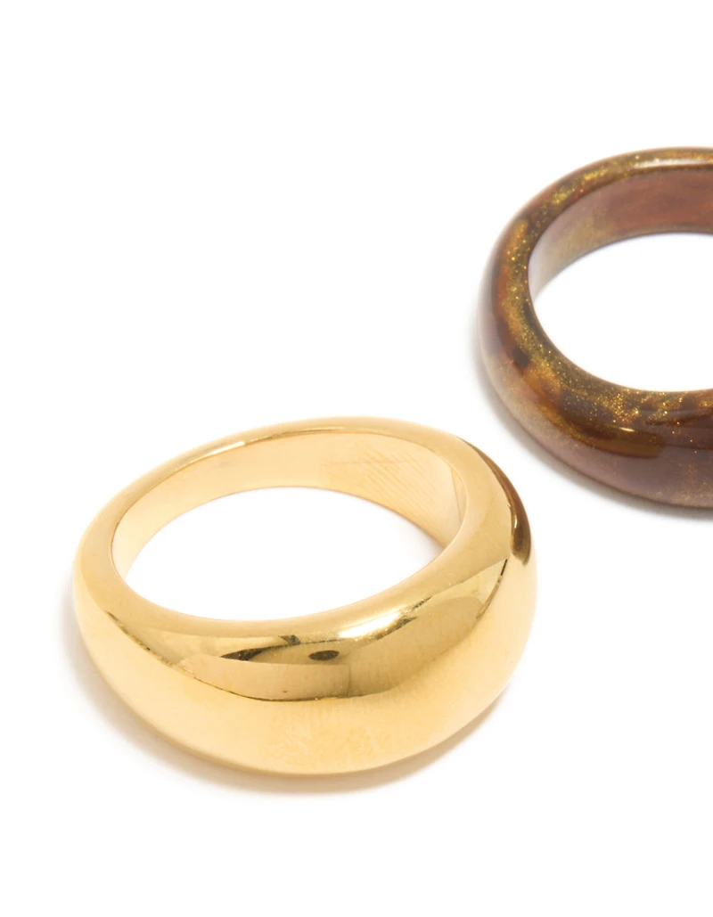 Waterproof Gold Plated Stainless Steel & Brown Modern Stacking Rings 2-Pack