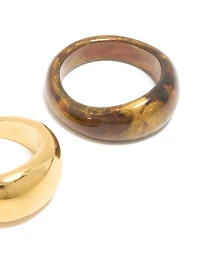 Waterproof Gold Plated Stainless Steel & Brown Modern Stacking Rings 2-Pack