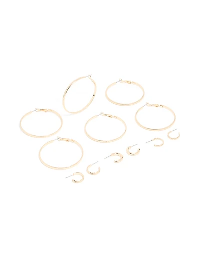 Gold Dainty Textured Smooth Large & Small Hoop Earrings 6-Pack