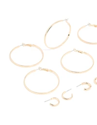 Gold Dainty Textured Smooth Large & Small Hoop Earrings 6-Pack