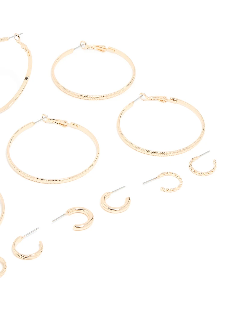 Gold Dainty Textured Smooth Large & Small Hoop Earrings 6-Pack