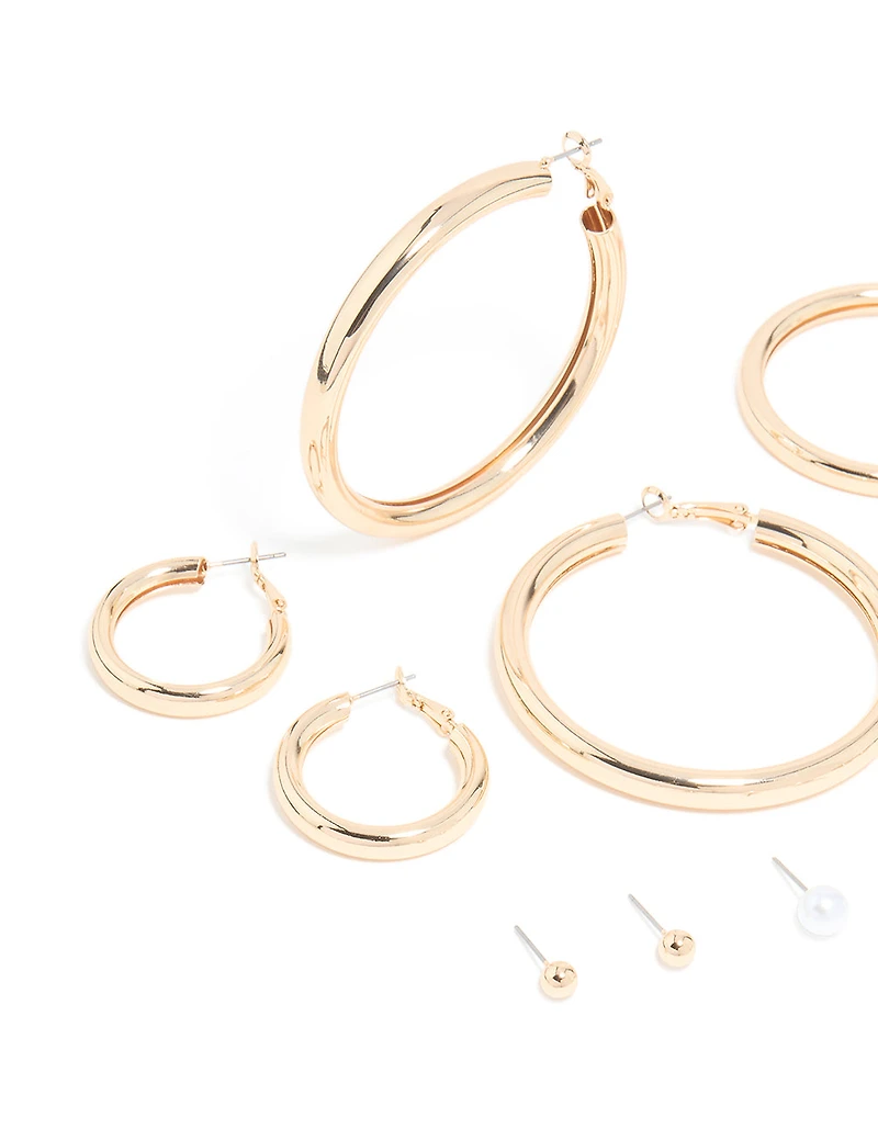 Gold Tube Hoop Earrings 6-Pack
