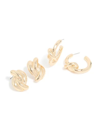 Gold Double Knotted Studs & Open Hoop Earrings 2-Pack