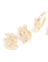 Gold Double Knotted Studs & Open Hoop Earrings 2-Pack