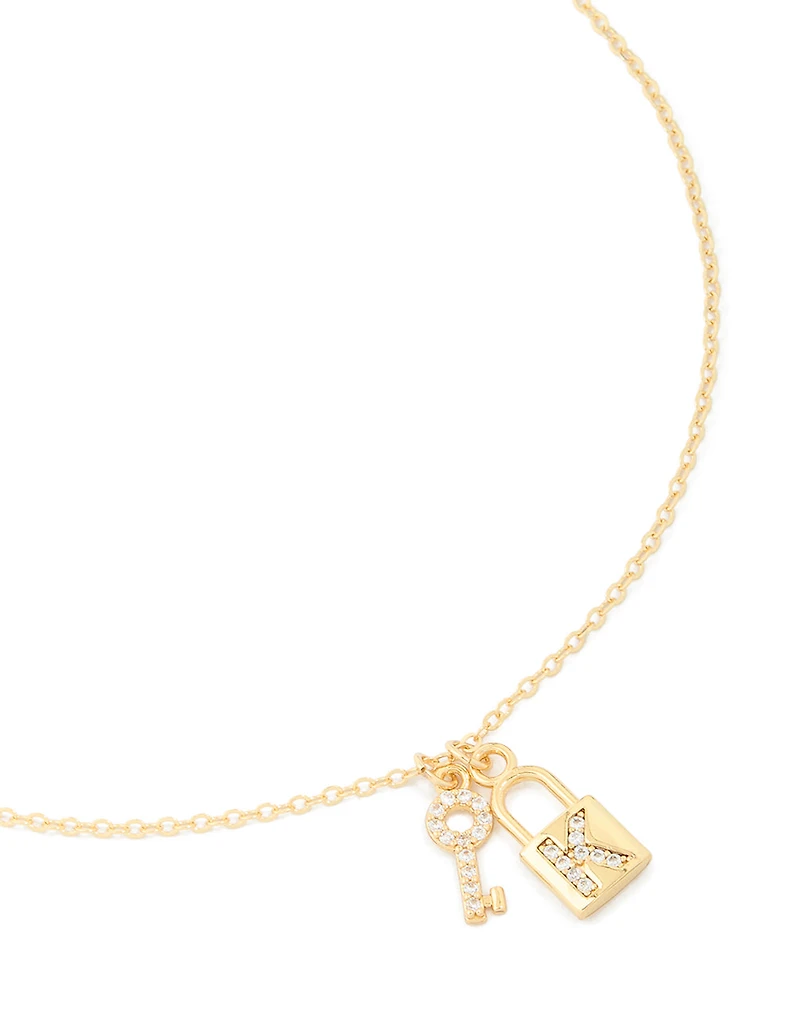 Gold Plated Cubic Zirconia Lock & Key Letter K Necklace
