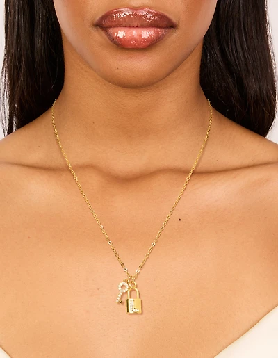 Gold Plated Cubic Zirconia Lock & Key Letter L Necklace