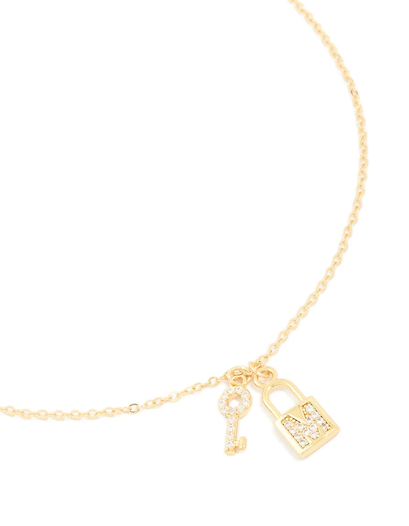 Gold Plated Cubic Zirconia Lock & Key Letter M Necklace